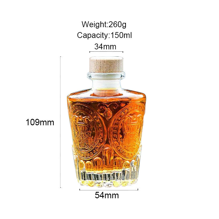 Wholesale 150ml Vodka Whiskey Liquor Glass Bottle Customized Pattern With Cork