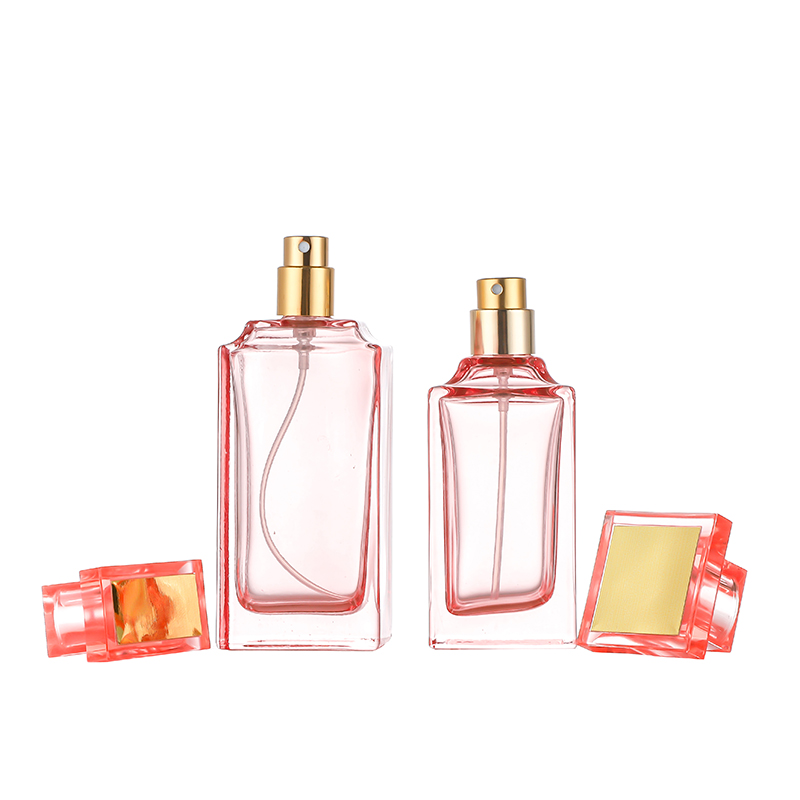 Wholesale Dealers ofCustom Made Cosmetic Containers- 30ml 50ml Square Shaped Pink Custom Perfume Bottle with Sprayer Cap Cui Can Glass detail pictures
