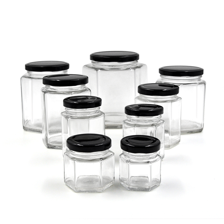 OEM manufacturer  Revolving Spice Rack With Glass Jars  - 45ml 85ml 100ml 180ml 280ml 380ml 500ml Hexagonal Clear Glass Food Jar With Lug Lid Cui Can Glass