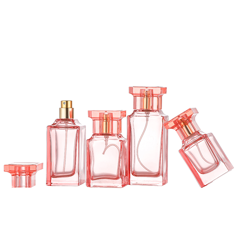 Wholesale Dealers ofCustom Made Cosmetic Containers- 30ml 50ml Square Shaped Pink Custom Perfume Bottle with Sprayer Cap Cui Can Glass detail pictures