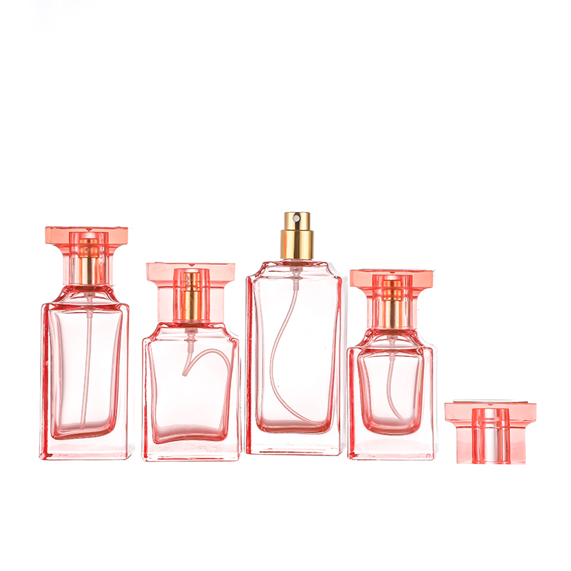 Wholesale Dealers ofCustom Made Cosmetic Containers- 30ml 50ml Square Shaped Pink Custom Perfume Bottle with Sprayer Cap Cui Can Glass detail pictures