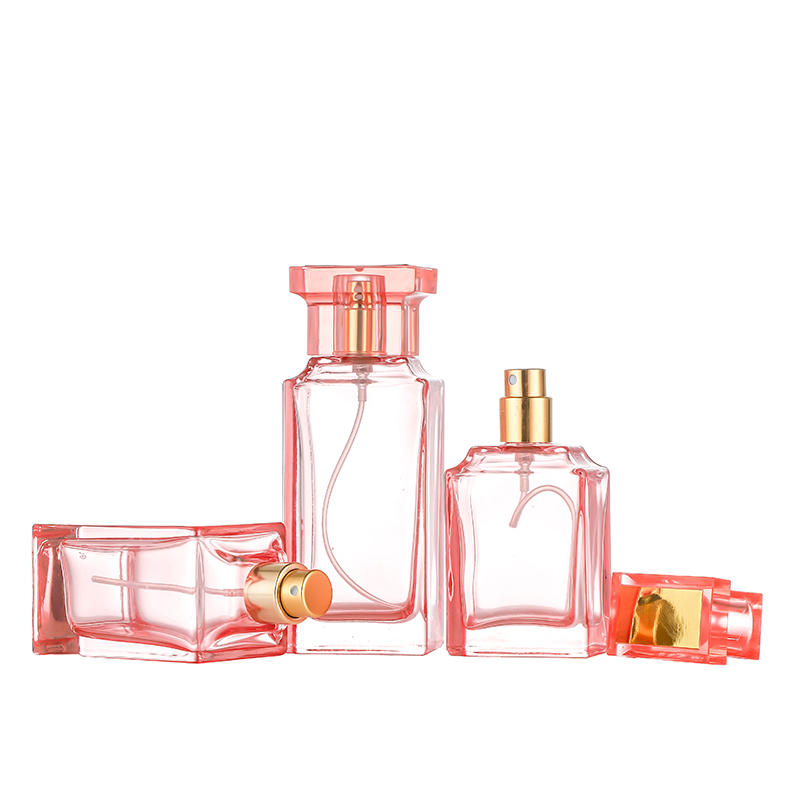 Wholesale Dealers ofCustom Made Cosmetic Containers- 30ml 50ml Square Shaped Pink Custom Perfume Bottle with Sprayer Cap Cui Can Glass detail pictures