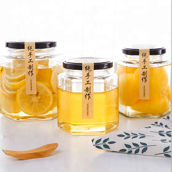 Hexagonal glass honey jars wholesale