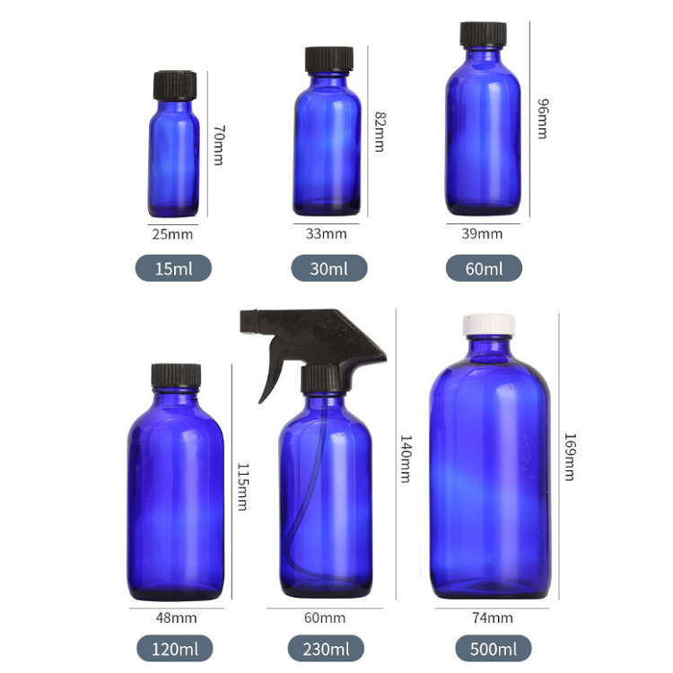 Blue color boston round glass bottles wholesale