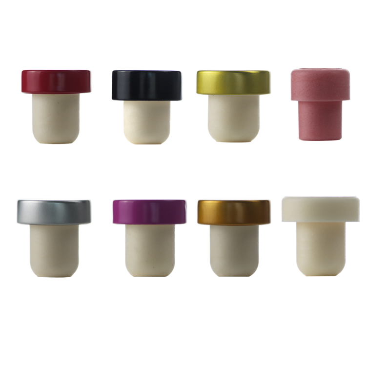 Wholesale Customized wooden aluminum bar top cap T shape wine / spirits synthetic cork bottle stopper