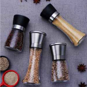 Wholesale 200ml Tall stainless steel grinder glass spice jar bottle seasoning with grinder
