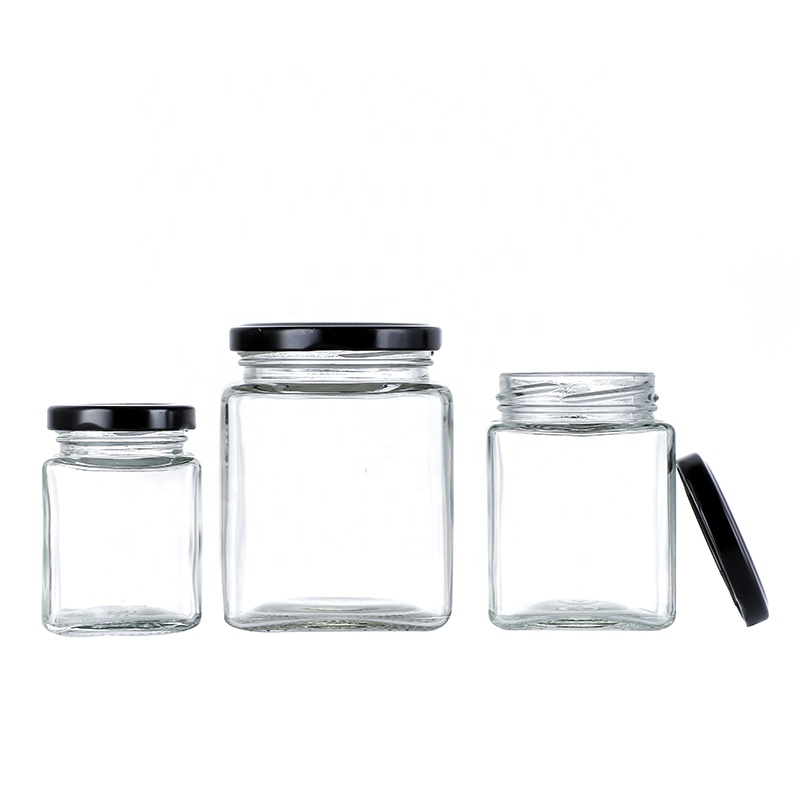 Factory ForPudding Jars With Lids- Square Jam or Chutney Jars Black Lids 200ml Cui Can Glass detail pictures